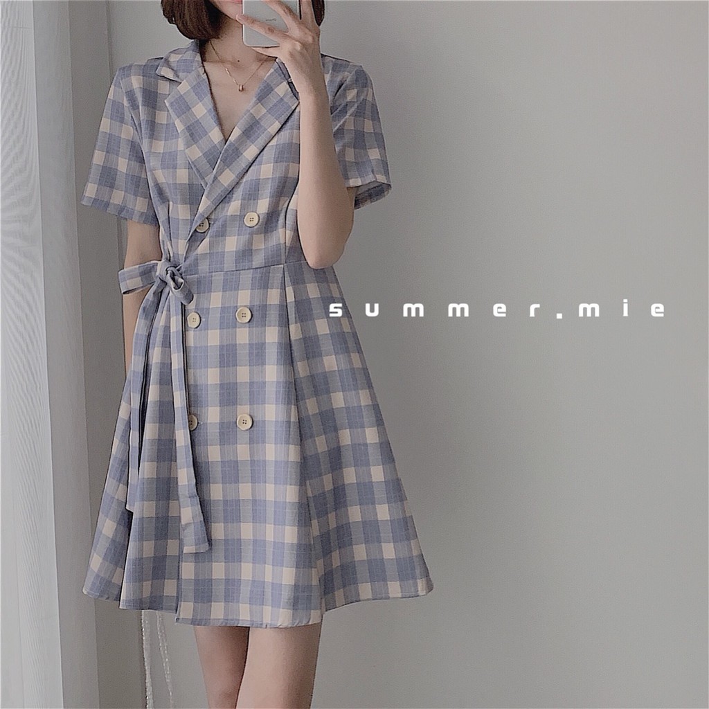 (ORDER) Váy sơ mi cổ vest sọc caro xanh thắt nơ eo xòe điệu đà thanh lịch Hàn Quốc nhẹ nhàng