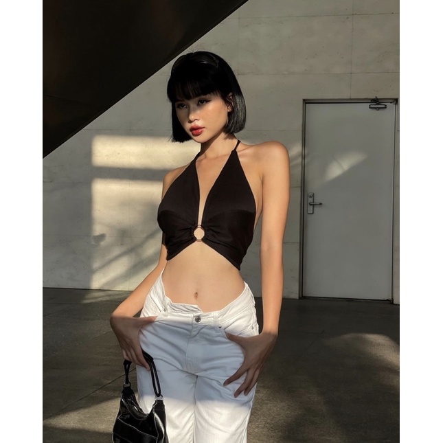 Áo Croptop Yếm Hở Lưng Khoen Ngực Cột Nơ Dáng Sexy