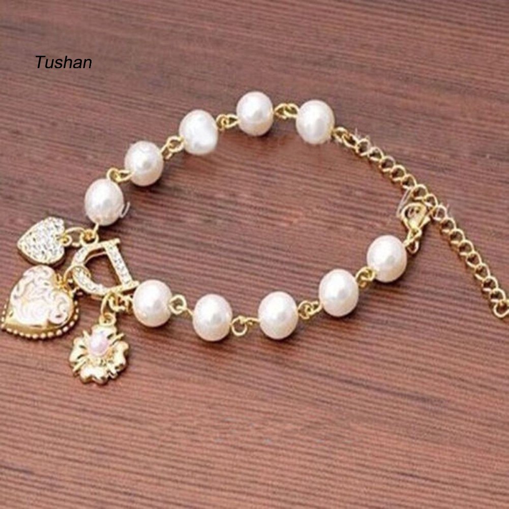 TUSH_Fashion Faux Pearl Rhinestone Love Heart Pendant Bracelet Jewelry Party Gift | BigBuy360 - bigbuy360.vn