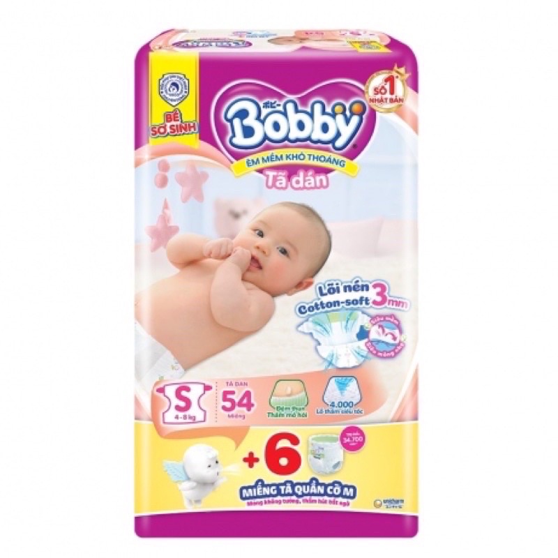 [TẶNG KÈM 6 MIẾNG] Tã Dán Bobby Every Đệm Thun Thấm Mồ Hôi Size S54 miếng cho bé 4-8kg