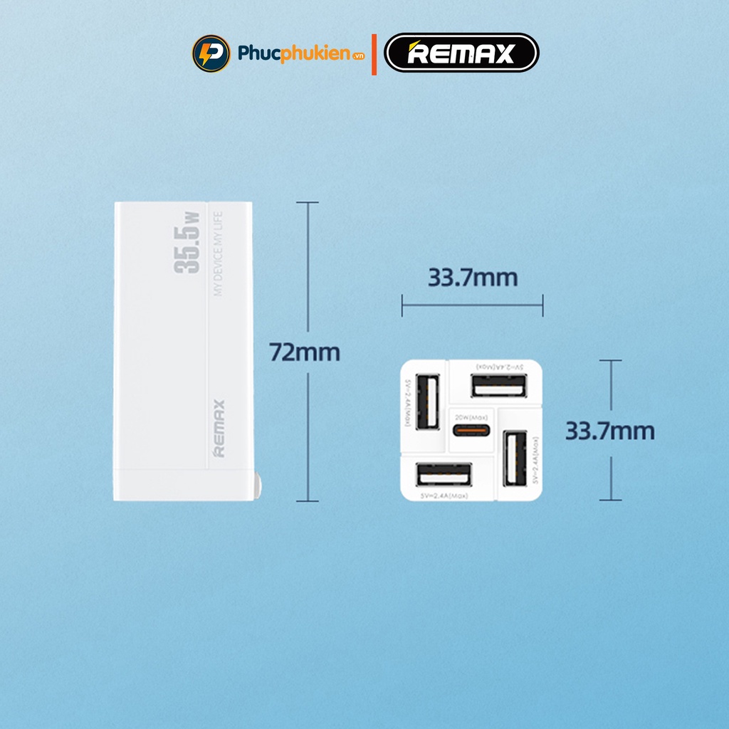 Củ sạc nhanh 33w chính hãng Remax U66 thiết kế 5 cổng 4 cổng usb 12w và 1 cổng Type C sạc nhanh 20w - Phúc Phụ Kiện
