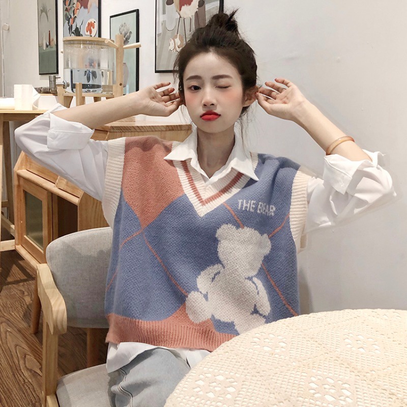 Hàng Sẵn_ Áo gile dệt kim ngắn retro áo vest không tay cổ V phong cách Hàn