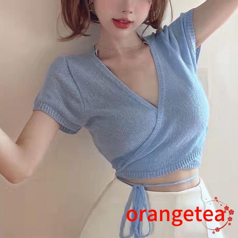 Áo Dệt Kim Tay Ngắn Cổ Chữ V Màu Sắc Trơn Dành Cho Nữ