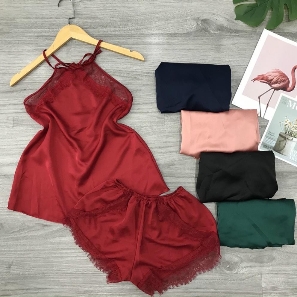 Set bộ đồ ngủ lụa yếm phối ren, đầm ngủ sexy chất liệu lụa satin cao cấp, mềm mịn mát , kèm quần ren siêu cute | BigBuy360 - bigbuy360.vn