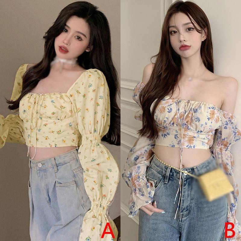 Áo Croptop Trễ Vai Tay Dài Bồng Hoạ Tiết Hoa Phong Cách Thời Trang Hàn Quốc Dành Cho Nữ