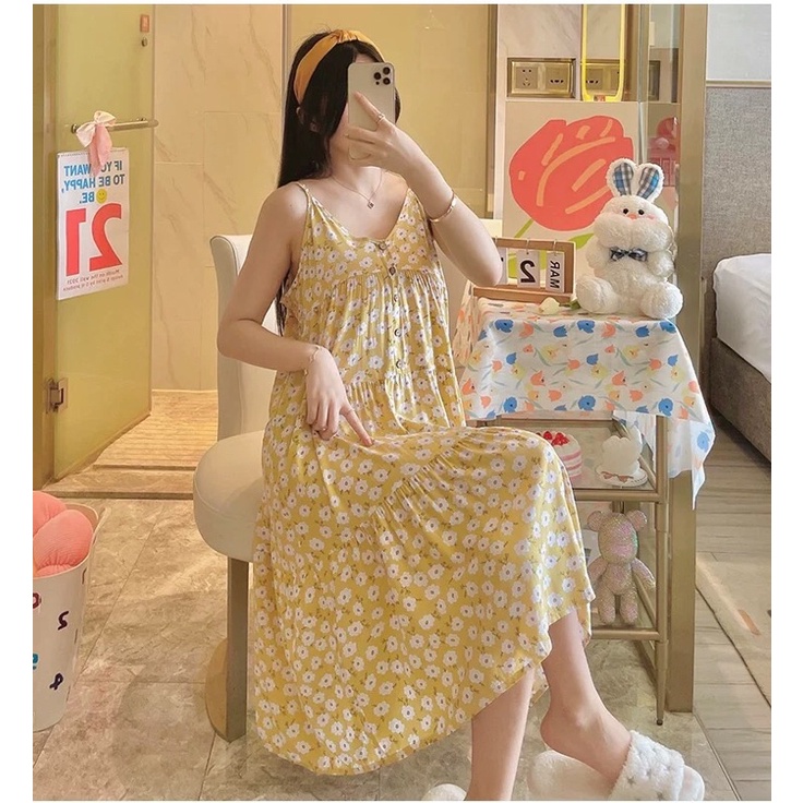 Váy lanh lụa cotton, váy ngủ, váy bầu mềm mát hoạ tiết trẻ trung, trang nhã