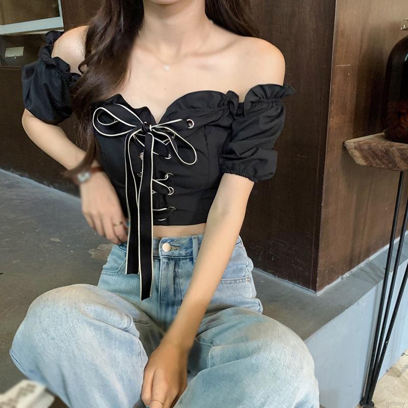 Áo sơ mi chiffon tay ngắn hở cổ tay phồng phối buộc dây thắt nơ phong cách Hàn Quốc ngọt ngào quyến rũ cho nữ