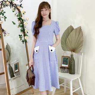 Đầm Nữ NHẬT VY Cổ Vuông Chiết Eo Tay Phồng Có Túi Nút Đen Chất Caro Cao Cấp Công Sở Dáng Xoè Màu Đen, Nâu, Xanh - D2108