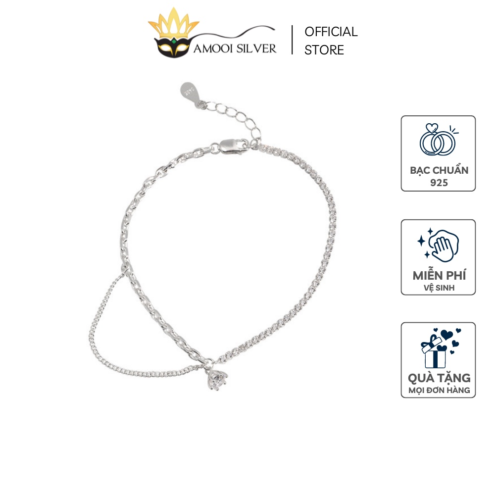 Lắc Tay Bạc S925 1 bên xích 1 bên nạm đá charm 6 chấu tòn ten - Amooi Silver AT118