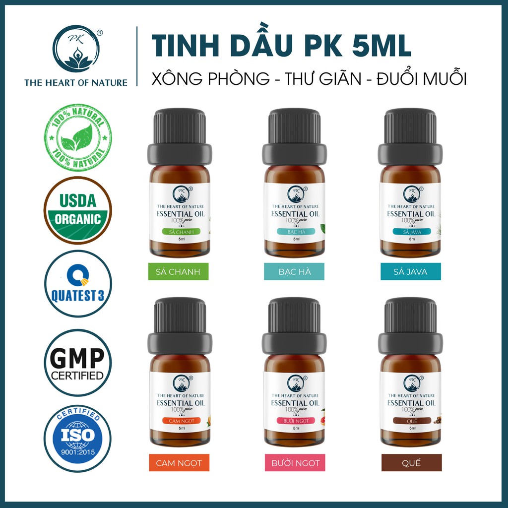 Tinh dầu cao cấp PK 5ml - nguyên chất 100%, xông thơm phòng, khử mùi, xua đuổi côn trùng, làm đẹp