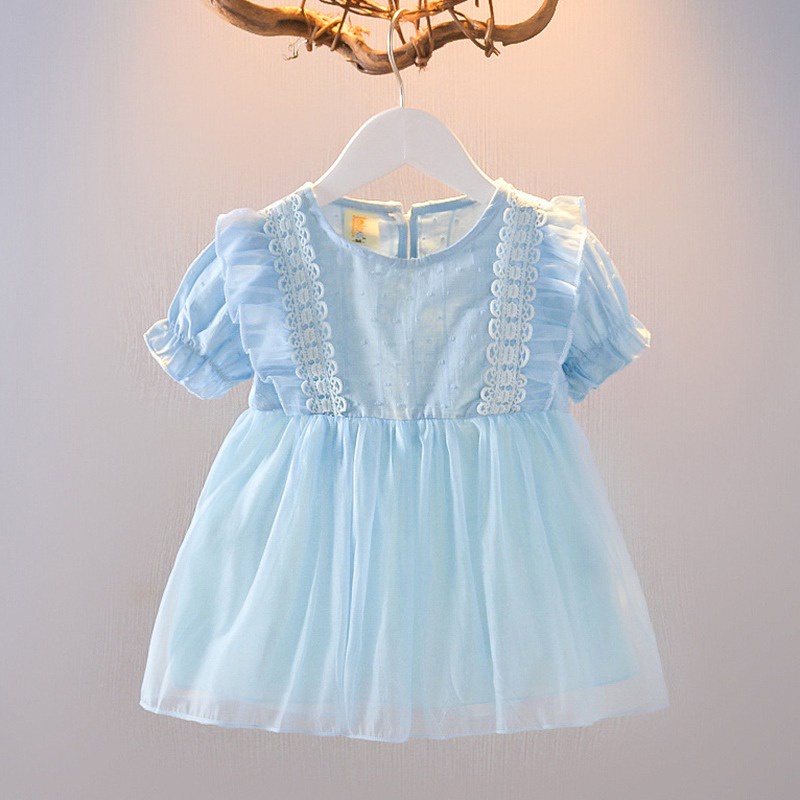 Đầm Xòe Tay Ngắn Phồng Cổ Tròn Màu Sắc Trơn Dành Cho Bé Gái