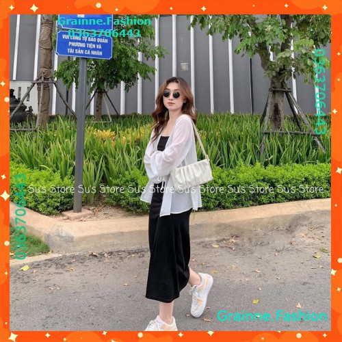 ÁO KHOÁC VOAN TAY BUỘC NƠ ĐEN TRẮNG - ÁO CADIGAN VOAN LỤA MỎNG KHOÁC NGOÀI RÚT DÂY ULZZANG 💎  👗👑- GNFShop