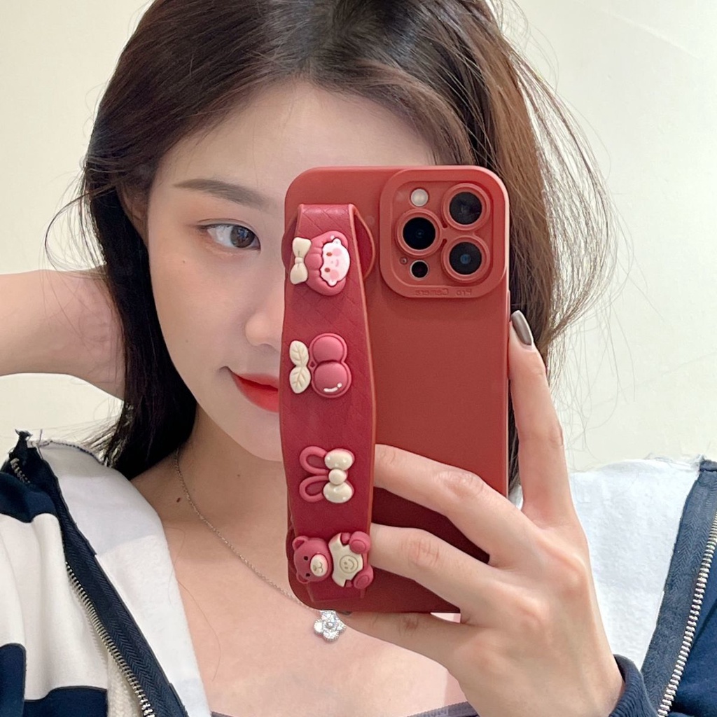 Ốp lưng iphone cạnh vuông kèm móc đeo tay màu đỏ 7plus x xsmax 11 11promax 12 12pro 12promax 13 13pro 13promax DT13
