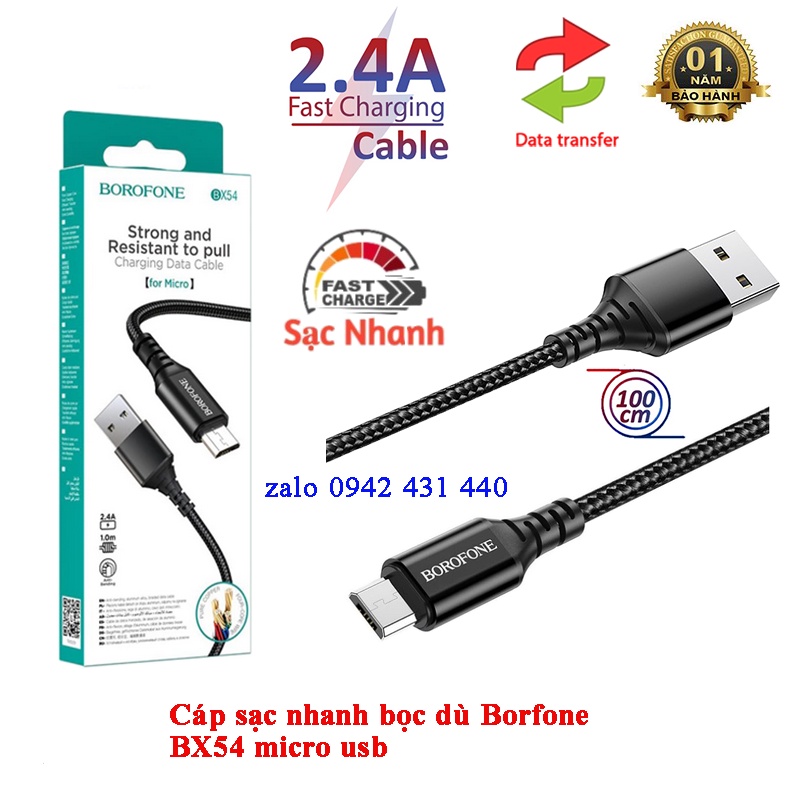 Cáp Sạc Dây Dù Borofone BX54 ipn/Micro/Type-C Chính Hãng 1M Sạc Nhanh Chống Đứt Gãy