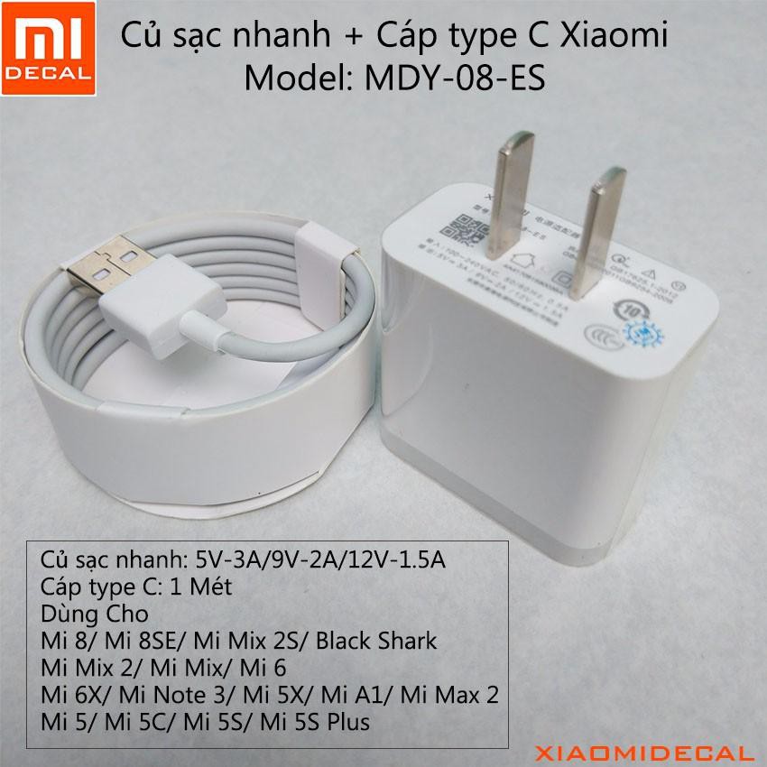 Bộ Sạc Nhanh Xiaomi Quick Charge 3.0 Cáp type C_Dùng Cho Xiaomi MI A1;MAX 2;MIX;MI MIX 2;MI NOTE 2;MI NOTE 3;MI 6
