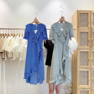 Váy trắng hoa đen nhí cổ v viền bèo tay cộc