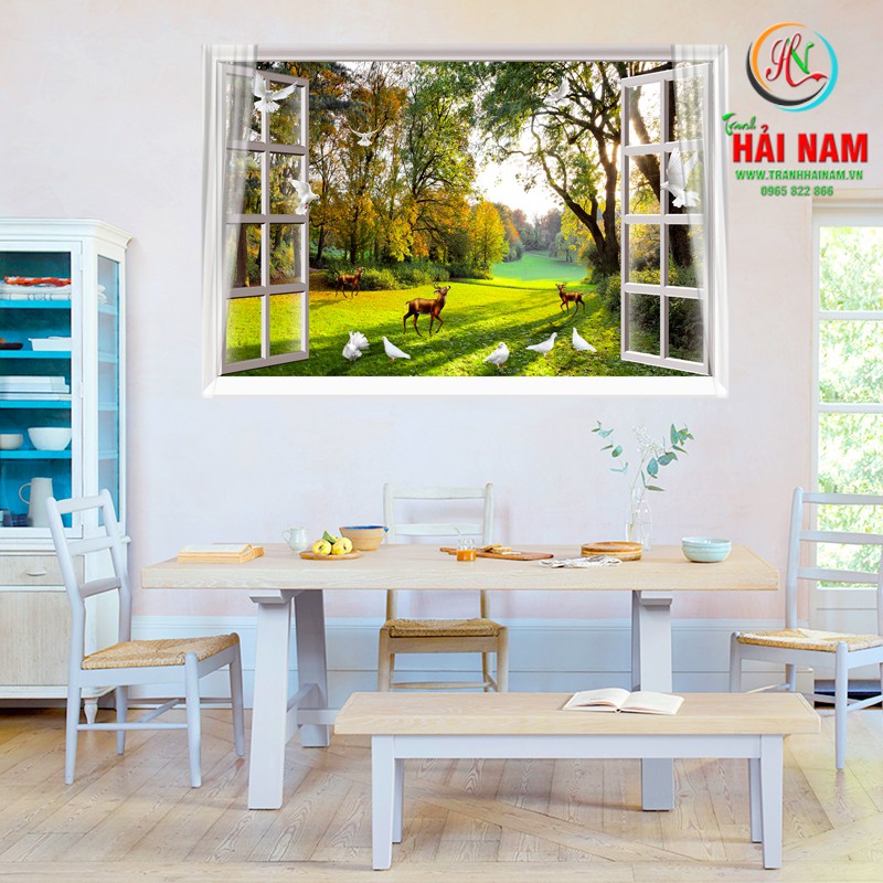 Tranh dán tường 3D cửa sổ con đường hàng cây - vải lụa phủ kim sa