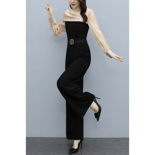 Hàng nhập - Jumpsuit dài cổ thuyền sang trọng, bộ jum đồ bay lụa phối tay voan