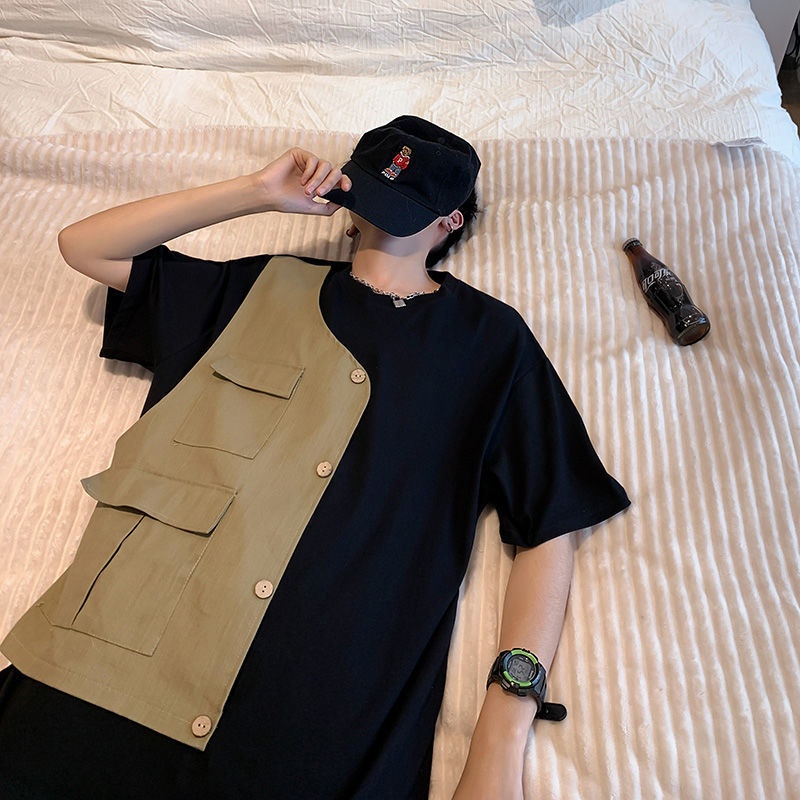 Áo Thun Ngắn Tay Giả Hai Lớp Phối Túi Phong Cách Hàn Quốc Dành Cho Nam