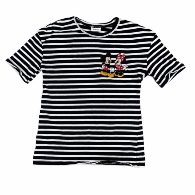 Áo thun kẻ sọc ngang trắng đen ZARA Disney Mickey Black & White Striped T-shirt - Size M