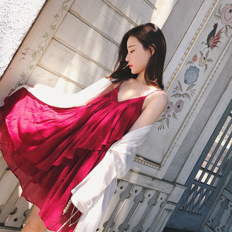 Đầm Hai Dây Cổ Chữ V Phối Bèo Màu Trơn Phong Cách Hàn Quốc Cho Nữ