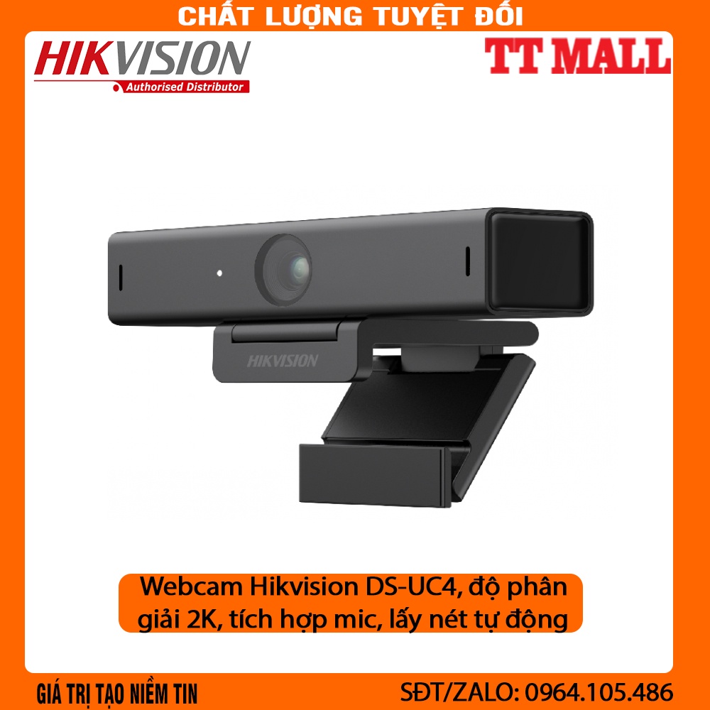 Webcam Hikvision DS-UC4, độ phân giải 2K, tích hợp mic, lấy nét tự động.