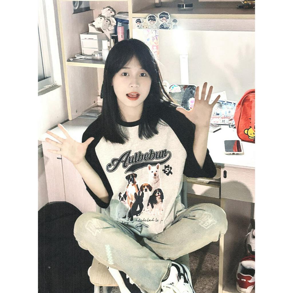 Ethelgirl Áo Thun Tay Ngắn Dáng Rộng In Họa Tiết Chú Chó Thời Trang Hàn Quốc Xinh Xắn Cho Nữ