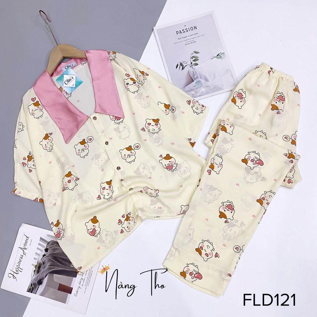 Bộ ngủ lụa pizama mango cao cấp họa tiết, pijama dài tay có túi