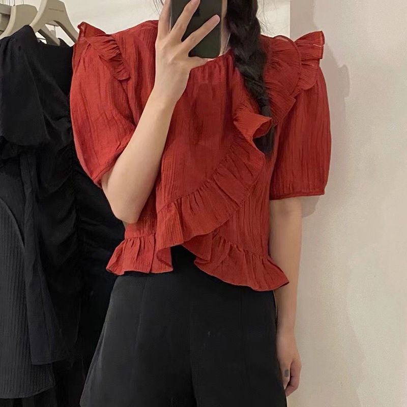 Áo Kiểu Tay Ngắn Phối Bèo Thời Trang Dành Cho Nữ