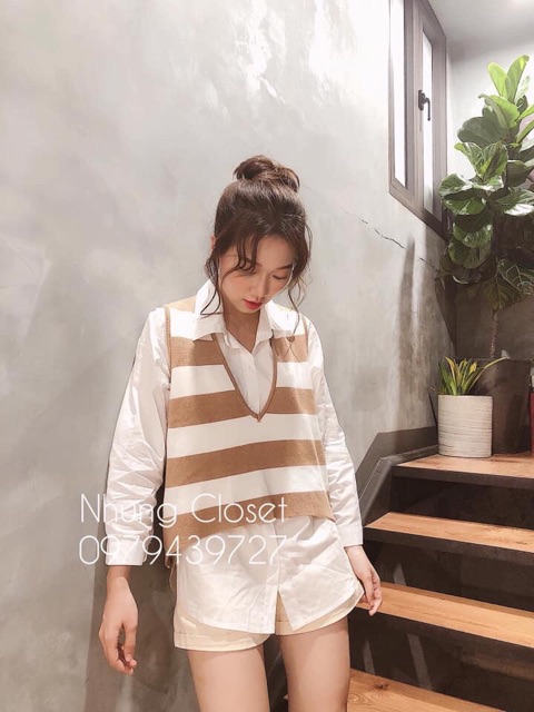 Set cặp áo sơmi vs áo len sọc siêu xinh