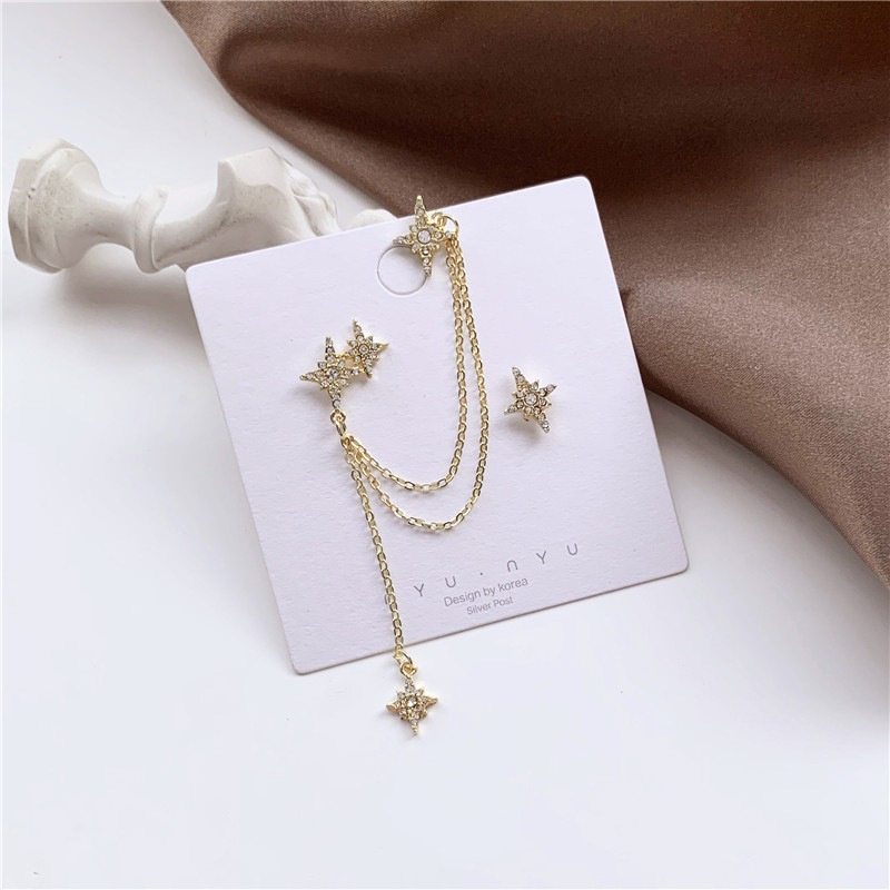 Khuyên Tai Chuỗi Xích Kẹp Vành Tai Không Đối Xứng Mạ Bạc 925 Hình Lục Giác Cho Bạn Gái