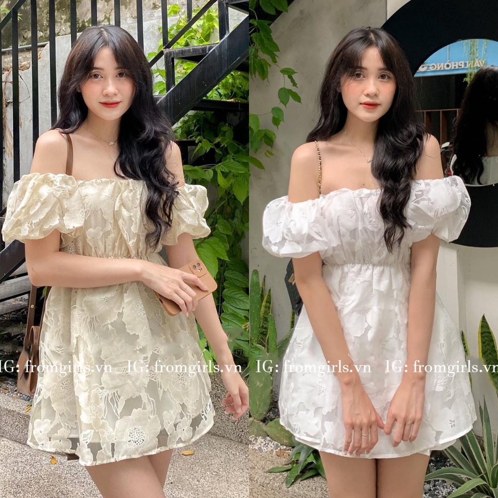 Áo trễ vai hoa nổi, áo babydoll trễ vai tay phồng bo chun sexy 2 lớp - AK07