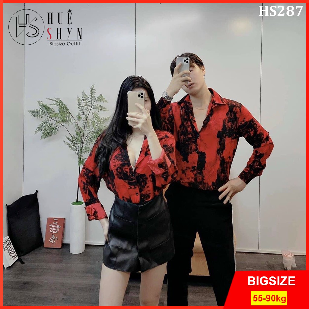 Áo sơ mi cặp bigsize họa tiết loang 3D HS287 - Áo sơ mi kiểu bigsize couple nữ - nam - Màu Đỏ - Size 55-90kg L XL XXL