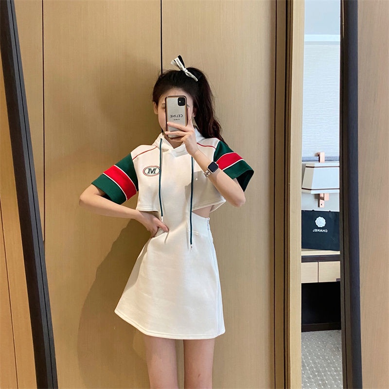 White dress 2022 New style women's summer style hooded waist revealing waist to show slim senior sensual dress skirt