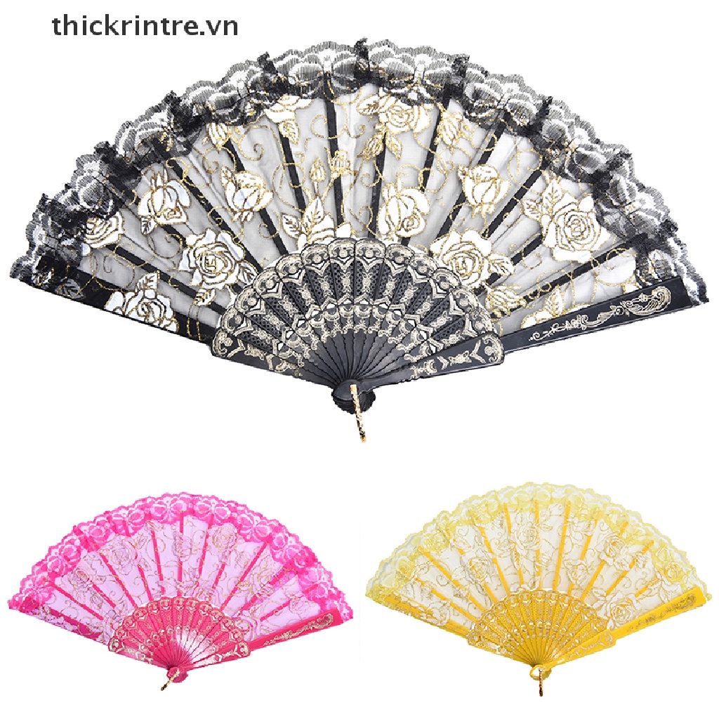 Quạt Xếp Cầm Tay Phối Ren Hoa Phong Cách Trung Hoa