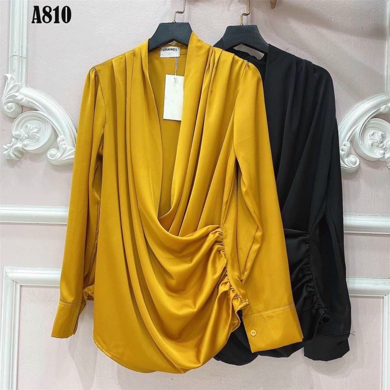 BÁN SỈ ÁO LỤA CỔ V ĐEN VÀNG CHO NỮ