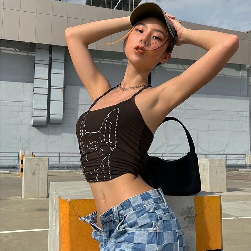 DUNEA Áo Sát Nách Cổ Chữ U Hở Lưng Đính Đá Quyến Rũ Thời Trang Cho Nữ