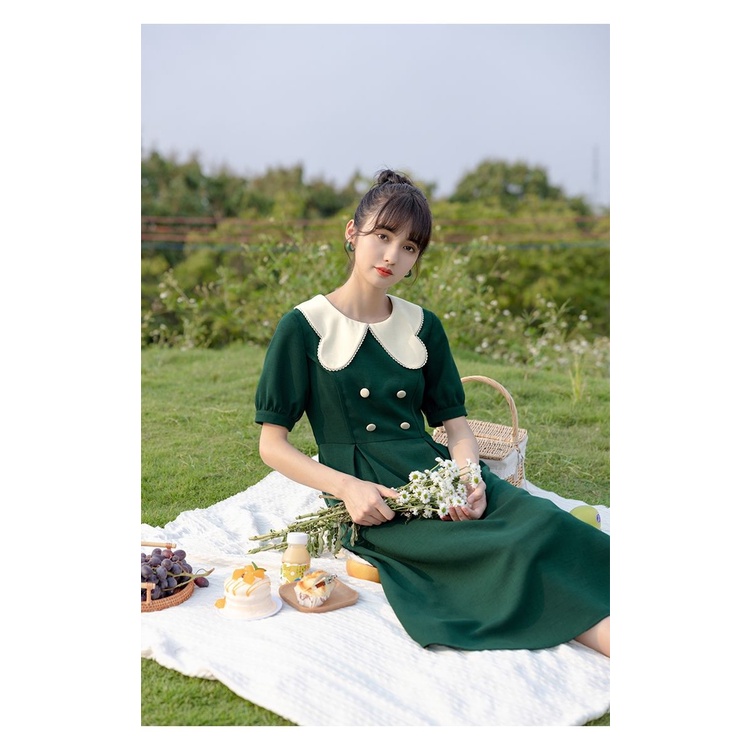 Đầm midi ngắn tay màu sắc retro xinh xắn cho nữ