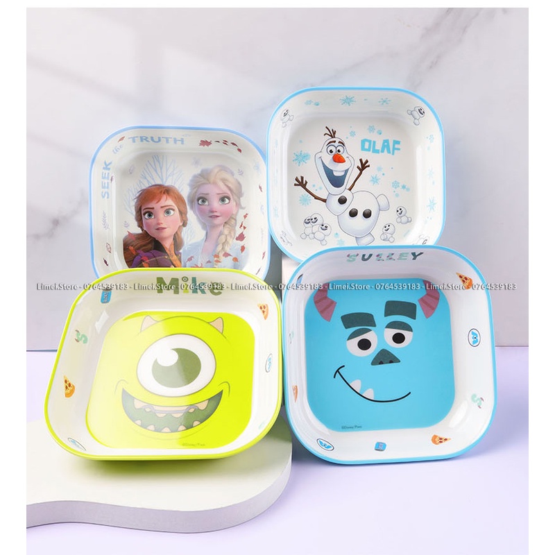 Dĩa ăn dặm , Đĩa vuông Melamine Elsa Frozen Car Mickey Minnie cho trẻ em Disney