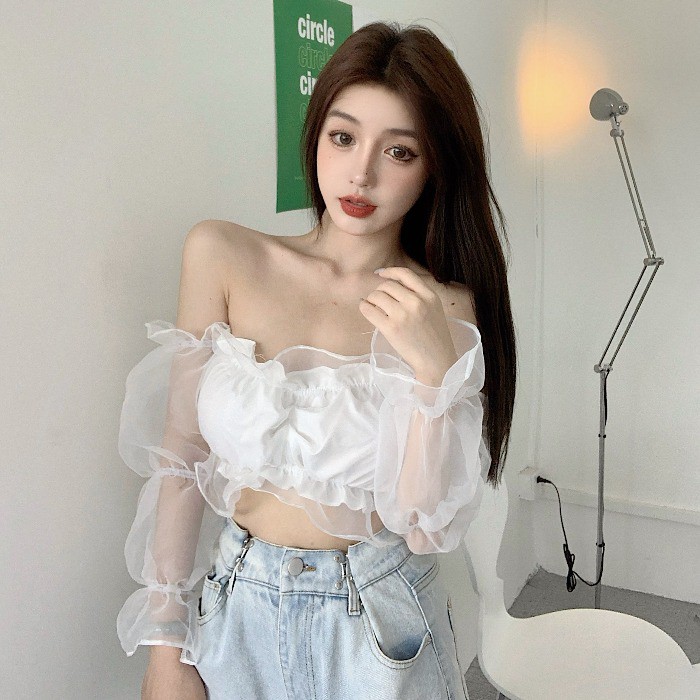 Áo trễ vai tay dài bong bóng lưới hở xương quai xanh sexy gợi cảm quyến rủ hở rốn bụng ulzzang ( 2 màu )