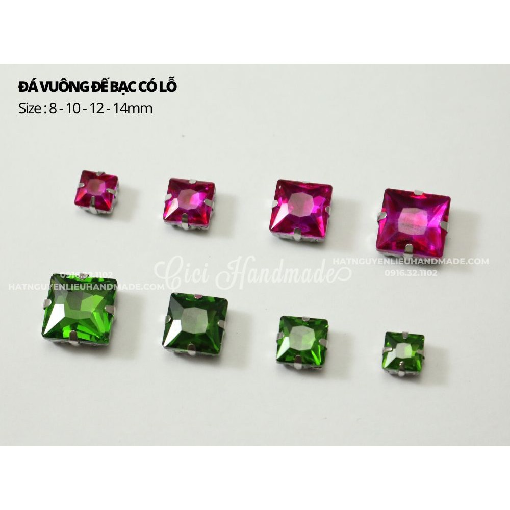 Set 10 hạt đá vuông đế bạc có lỗ khâu size 8mm và 10mm Cici Handmade chuyên pha lê cườm trang sức