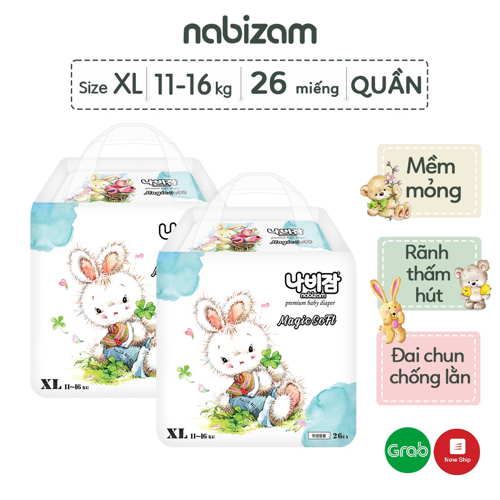 COMBO 2 Bịch Tã/Bỉm Quần Nabizam Magic Soft Mềm Mỏng, Rãnh Chống Tràn, Thấm Hút Nhanh Size XL 11-16kg, 26 Miếng/Bịch