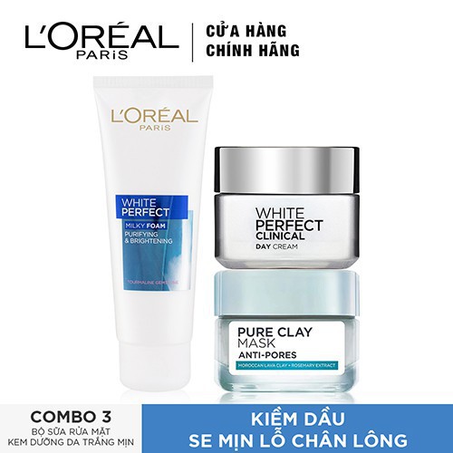 Hàng Mới Bộ sản phẩm dưỡng da trắng mịn ban ngày và mặt nạ đất sét L'Oreal Paris White Perfect (Chính hãng)