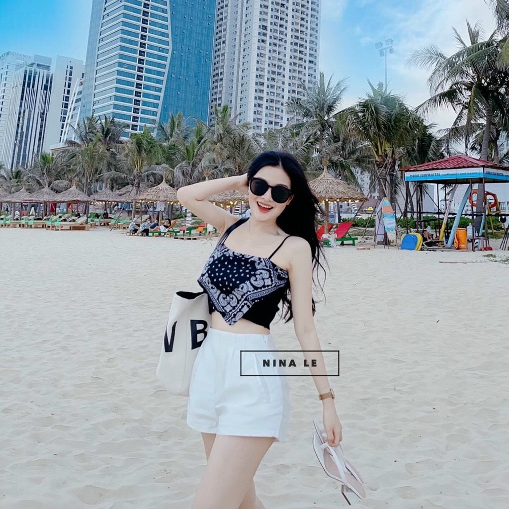 Áo hai dây kiểu yếm nhọn phối màu thổ cẩm kèm mút ngực xinh xinh , chất thun bozip dày dặn