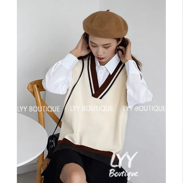 Áo gile len nữ cổ V trơn dệt kim viền kẻ chất đẹp phong cách Hàn Quốc LYY BOUTIQUE | BigBuy360 - bigbuy360.vn