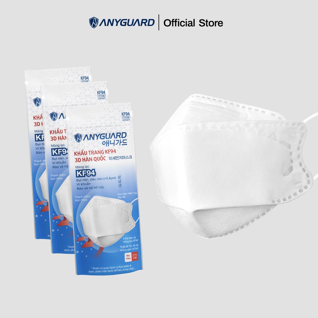 Combo (10 Chiếc) Khẩu Trang Y Tế ANYGUARD KF94 Ngăn Bụi Siêu Mịn Từ 0.4um &amp; Giọt Bắn Siêu Vi, Lọc 99% Vi Khuẩn (Size L)