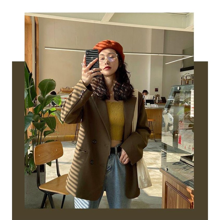 Áo Khoác Vest Dáng Rộng Màu Cà Phê Cỡ Lớn Thời Trang Hàn Quốc Cho Nữ