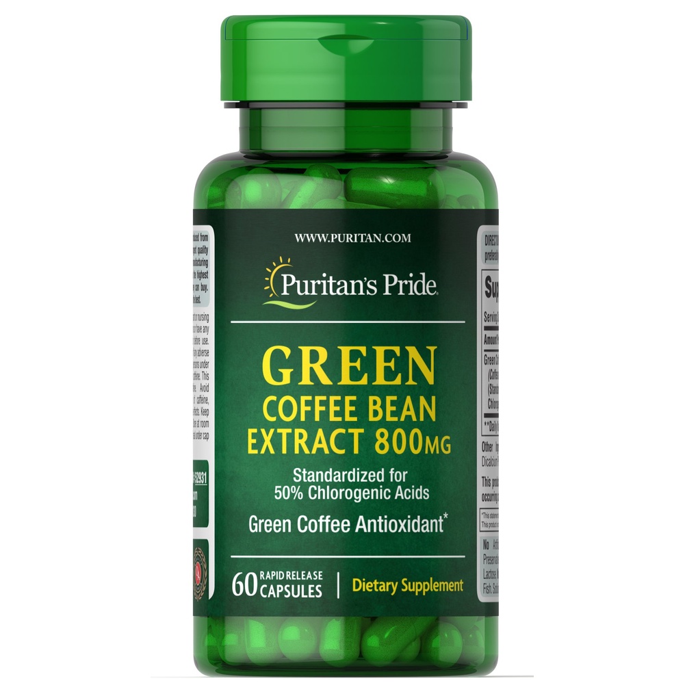 Giảm cân, giảm đường huyết, chiết xuất cà phê xanh Puritan Pride Green Coffee Bean 800mg 60v