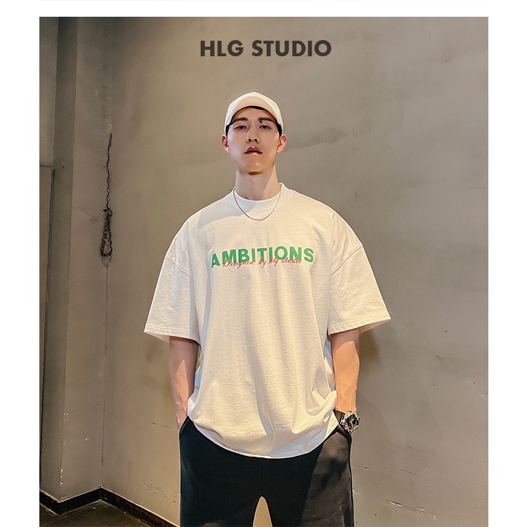 Áo phông nam cổ tròn AMBITON phong cách tay lỡ đơn giản, Cotton cao cấp đường phố 2022