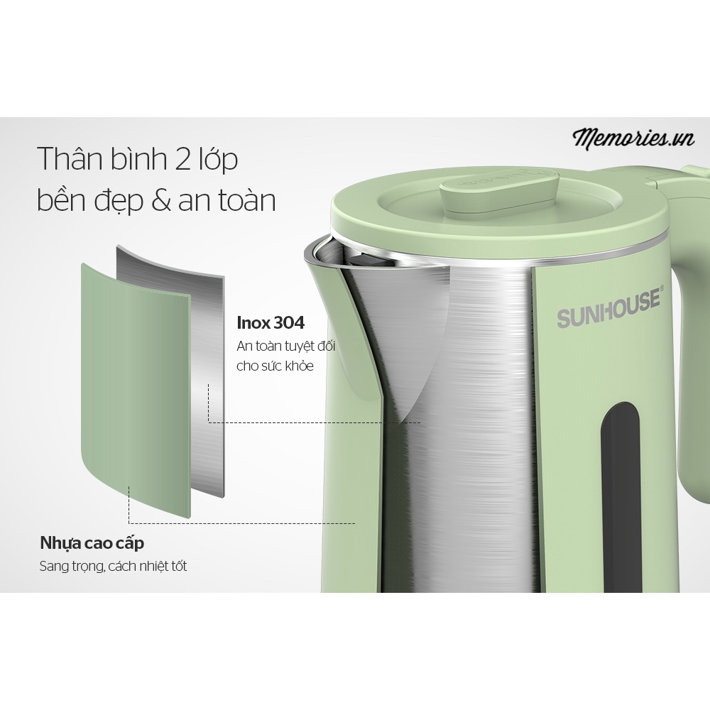 Ấm điện siêu tốc Sunhouse SHD1353 inox 2 lớp 1,8 lít  - Chính hãng chất lượng cao, giá tốt, gọn nhẹ phù hợp du lịch